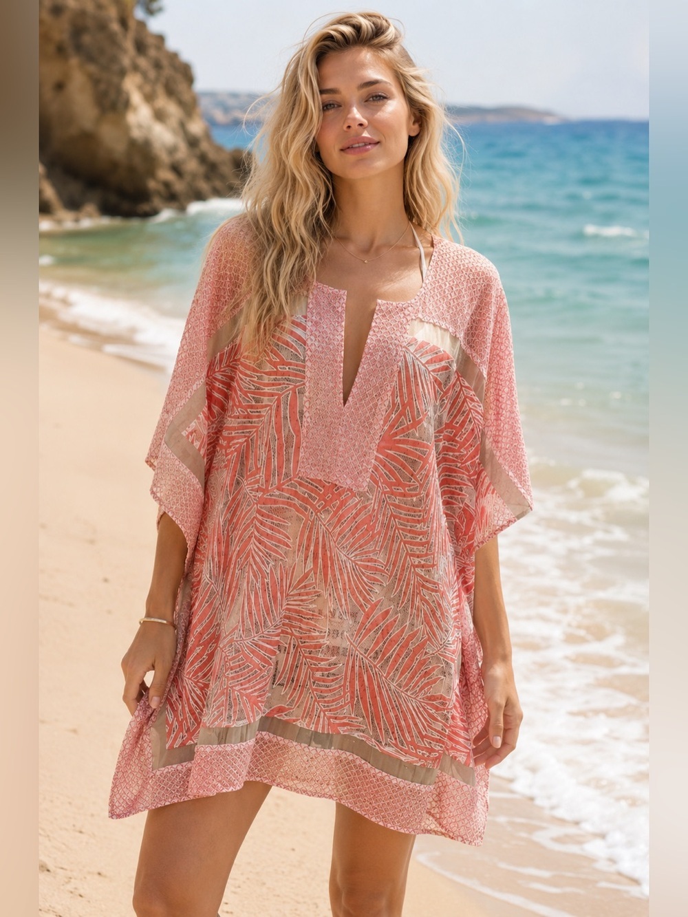 Parker Beach Orange Palm Print Cover-Up Kaftan XS/Small –Sheer Boho Resort Style